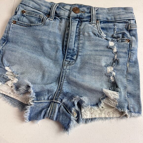 American Eagle Women's Curvy Hi-Rise Shortie Denim Shorts Distressed Size 0 - Picture 2 of 12